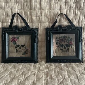 EUC Ashland Black Decorative Framed Glass Romantic Skull Art Rose Floral Accents